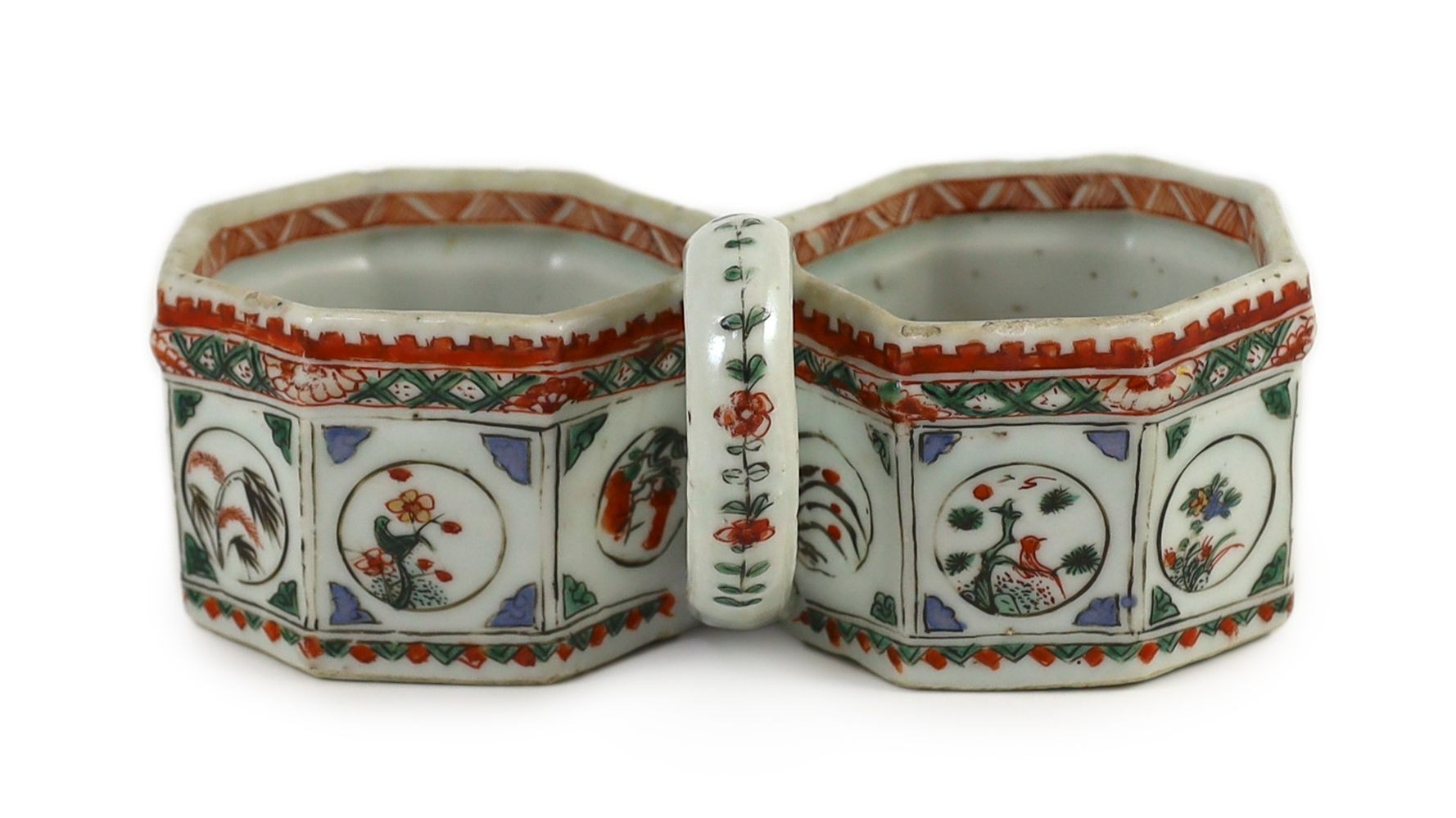 An unusual Chinese famille verte double bottle holder, Kangxi period, 18.5 cm wide